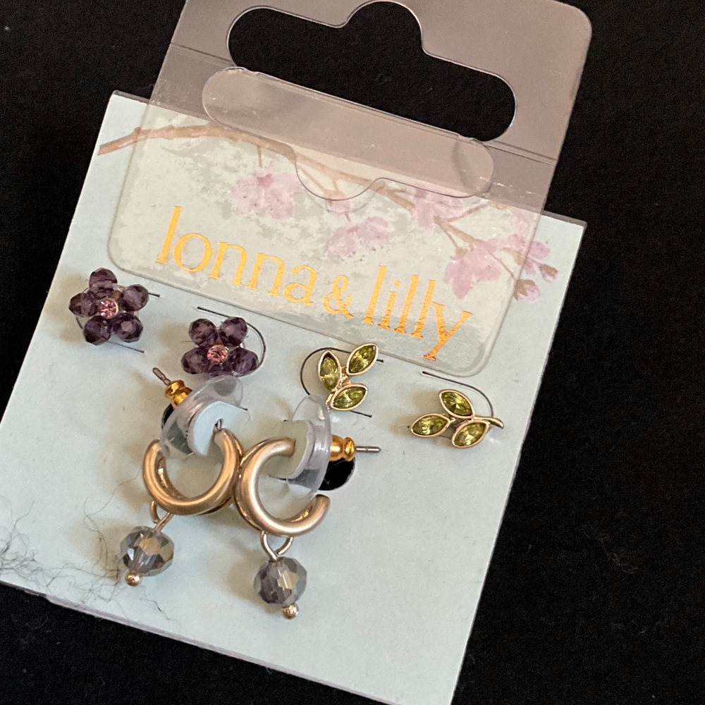 lonna & lilly 3-Pair Earring Set - Purple, Green, Gray